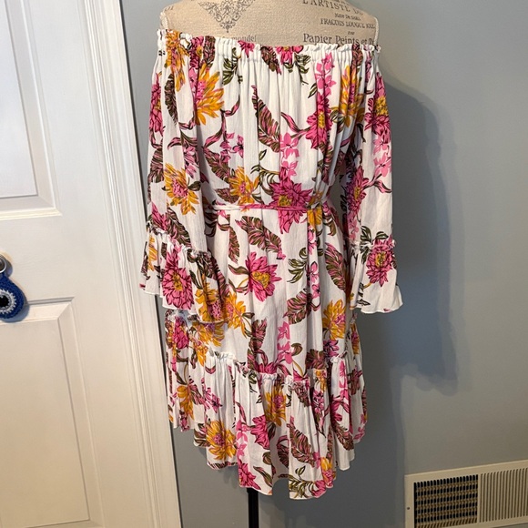 Bluivy Floral Off-Shoulder Pink & Yellow Tiered Dress - Picture 3 of 6